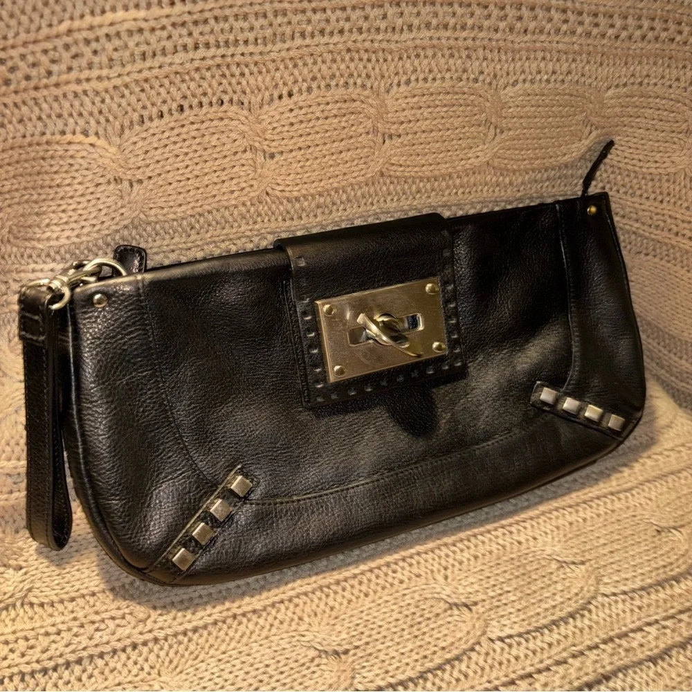 Sondra Roberts Black Genuine Leather Large Clutch with Wristlet Strap